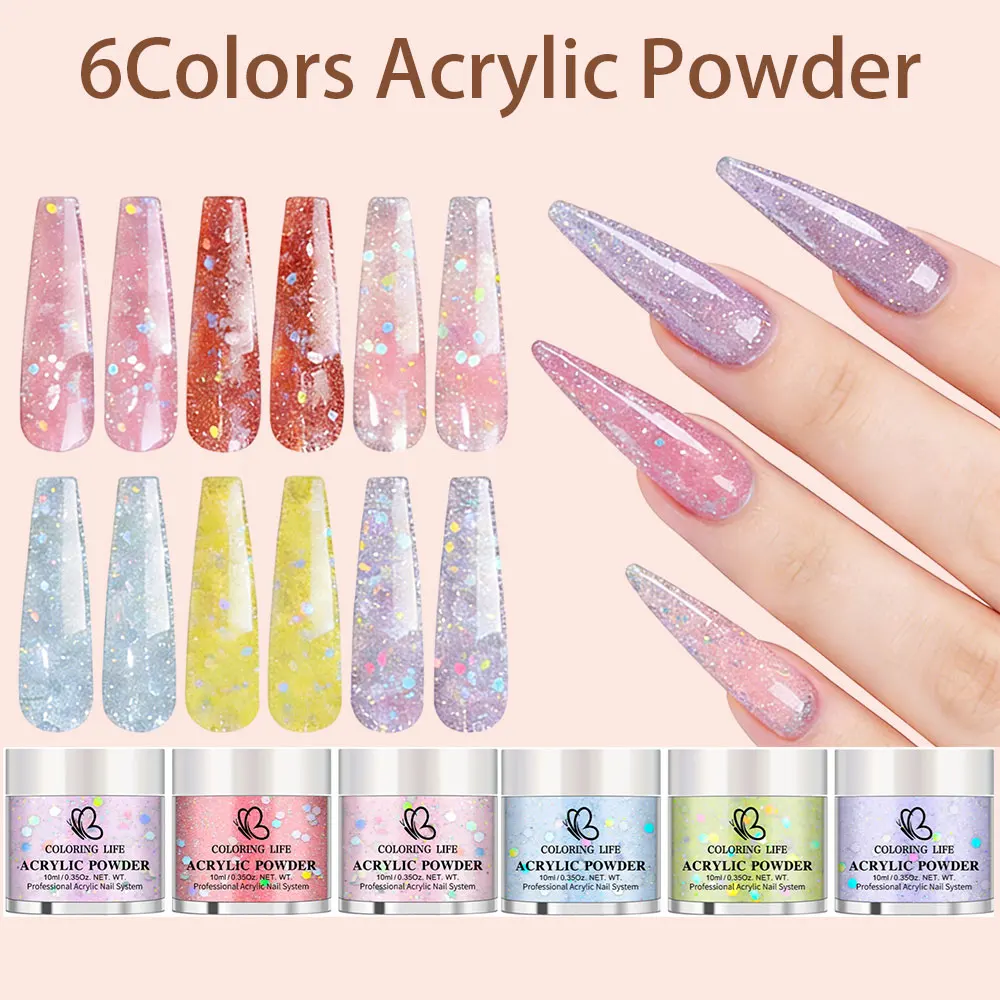 

Набор из 6 цветов: Профессиональная акриловая пудра для ногтей с блестками для наращивания, маникюра и лепки. Аксессуары для маникюра.