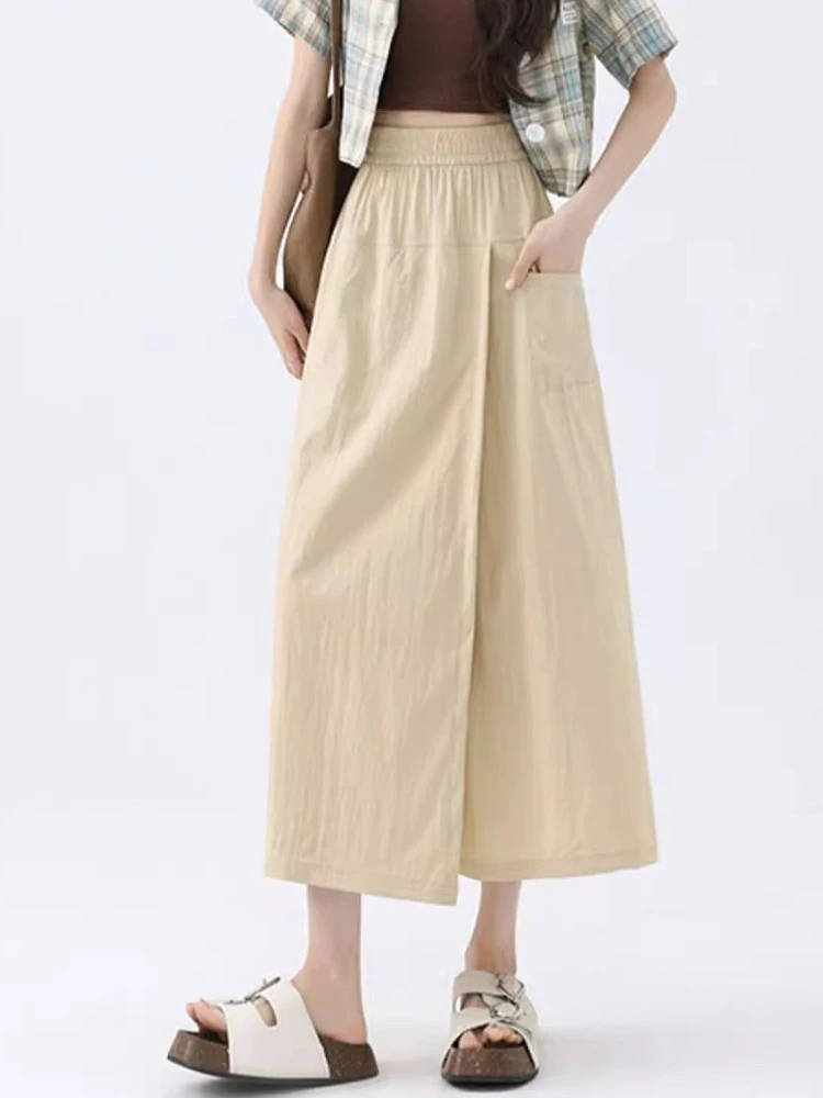 Summer Lady Comfortable Baggy Thin Skirts Girls Fashion High Waist Slit Culottes Women Korean Solid Midi Cargo Dress