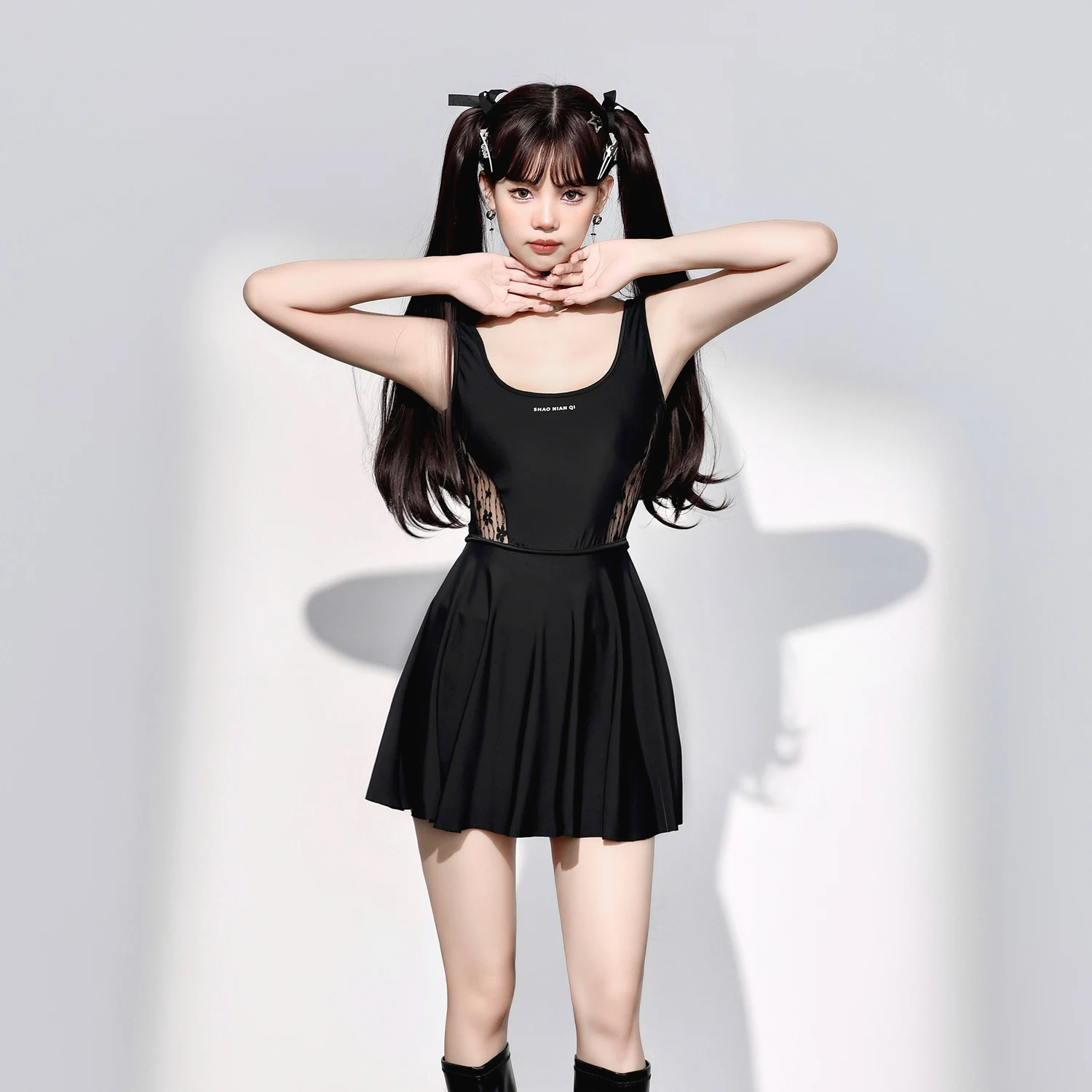 New Black Sports Conservative Leisure Dress Swimsuit Girls Elegant Gauze Splicing Beach Seaside Vacation Simple Vest Swimwear