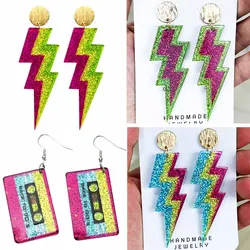 Hot Fluorescent Shining Oil Gloss Magnetic Tape Retro Era Earrings Lightning Element Radio Women's Eye Catching Earrings Gift