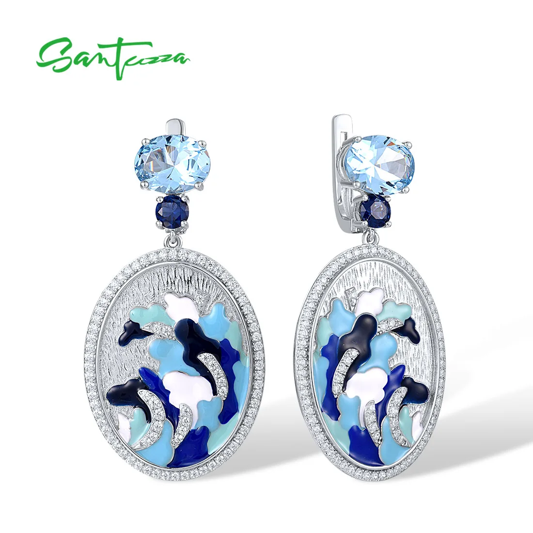 

SANTUZZA Authentic 925 Sterling Silver Earrings For Women Geometric Blue Ocean Weave Elegant Party Fine Jewelry Handmade Enamel