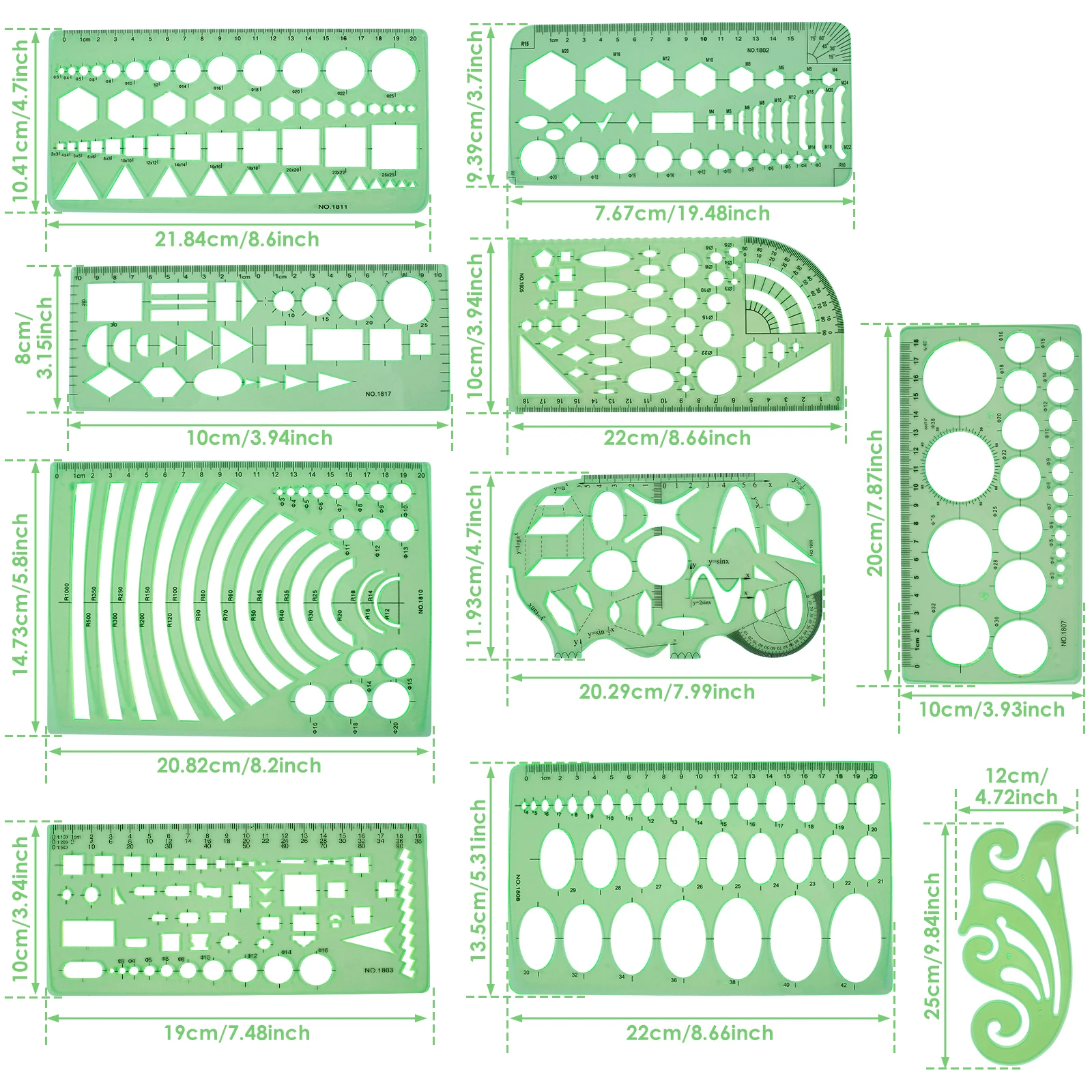 11Pcs Geometric Drawings Templates Measuring Drafting Stencils Measuring Tools Building Geometric Kit for Office School image 2
