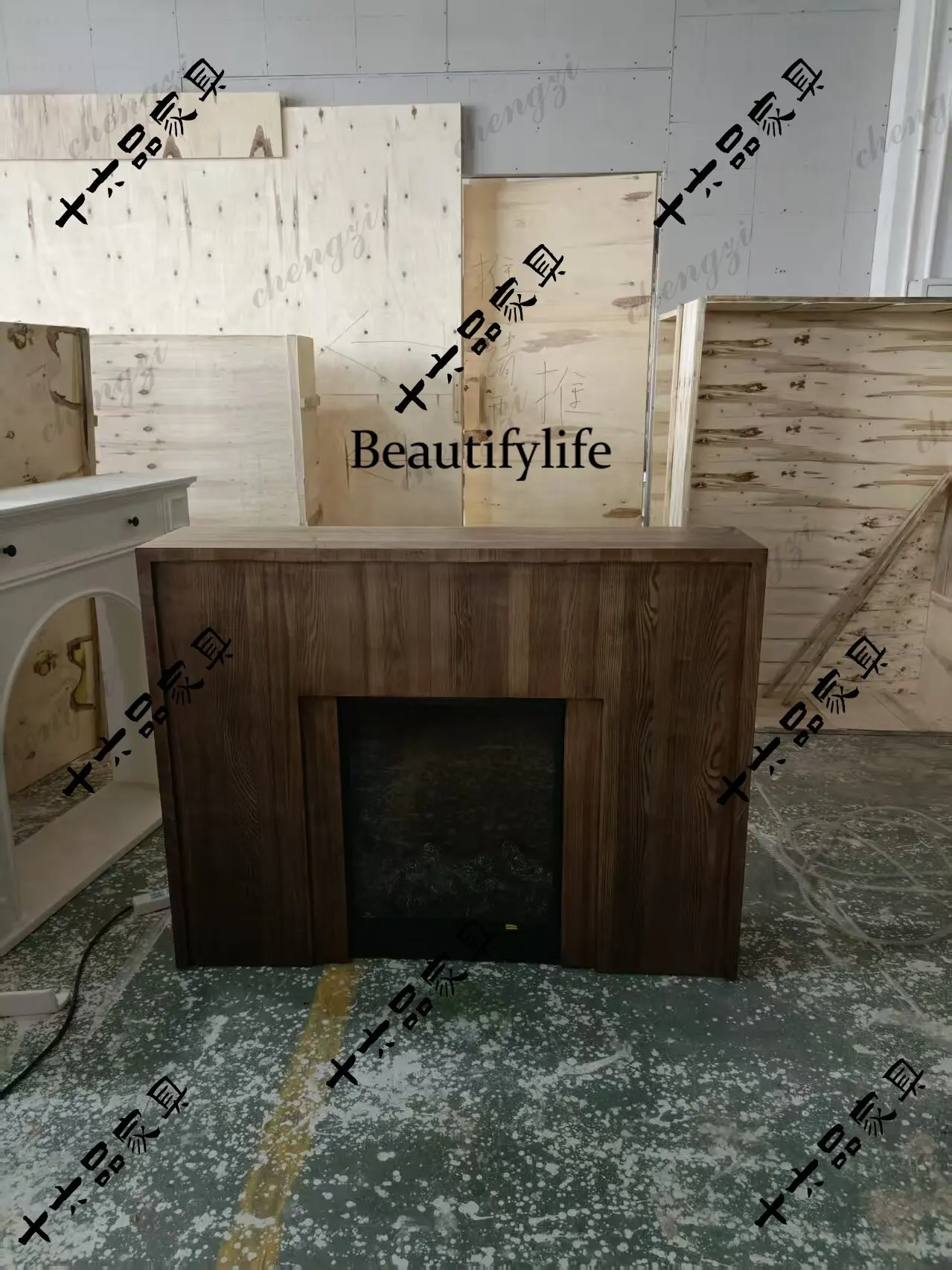 French antique solid wood fireplace, American retro door cabinet, silent background wall, decorative cabinet