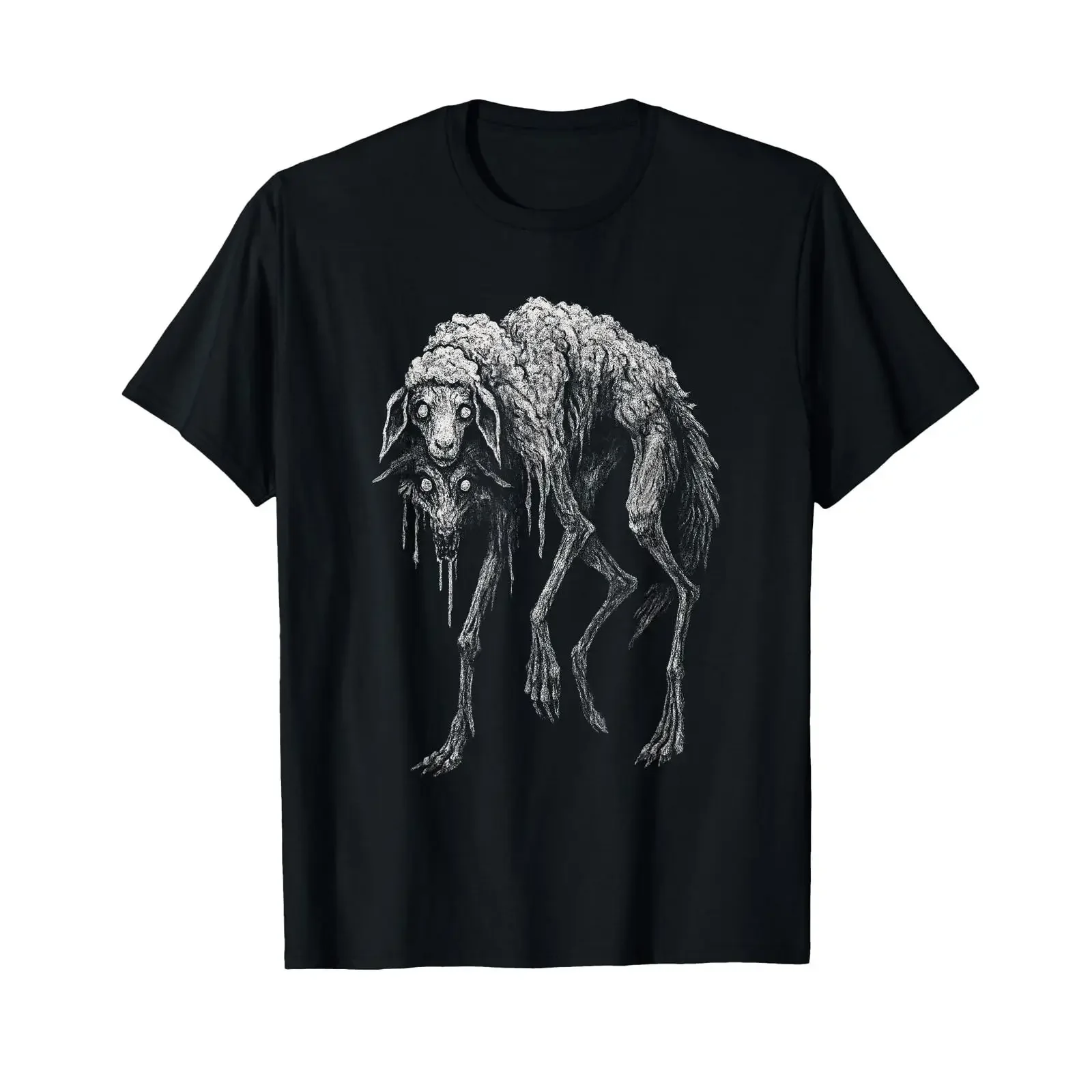 Creepy Wolf Sheep Horror Scary Folklore Goth Alt Aesthetic T Shirt vintage Washed Casual Top For Everyday Wear streetwear