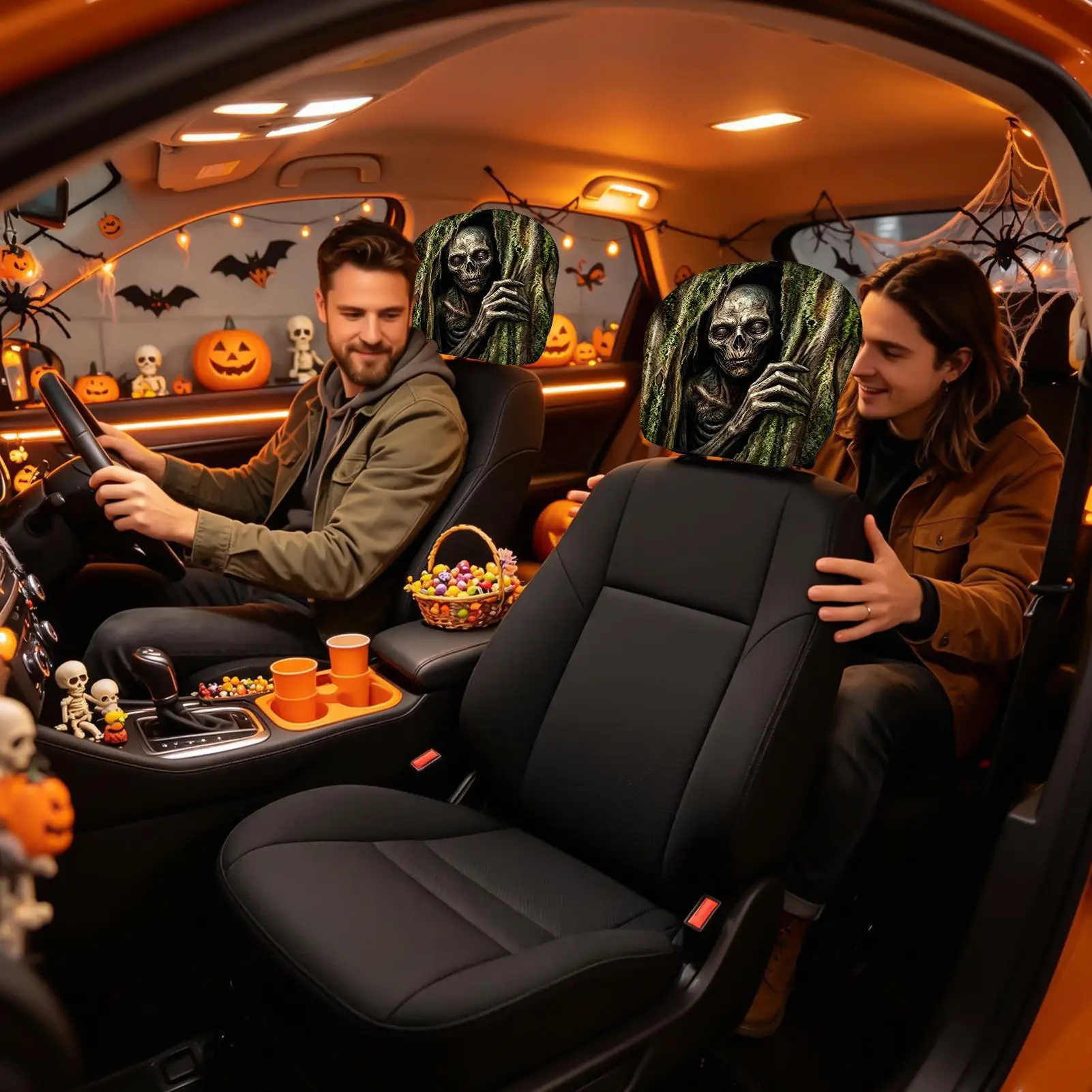 Creepy Headrest Covers Spooky Washable Auto Seat Accessories Scary Face Headrest Cover For Vehicles Trailer Motorhome Traveling