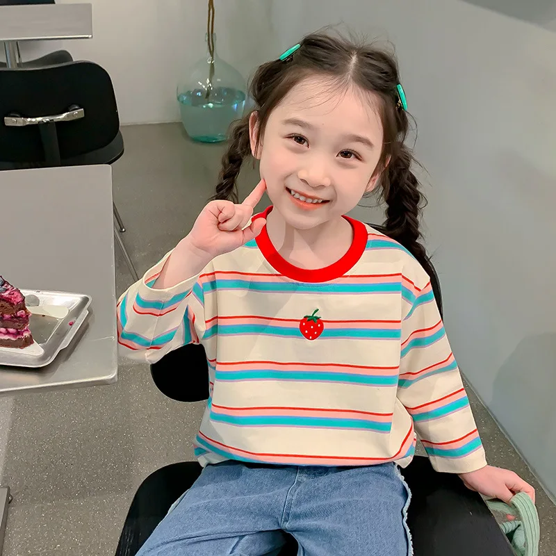 Girls' Base Shirt, Spring and Autumn Children's Long Sleeved Striped T-shirt, Baby Girl's Stylish Top New Versatile Design