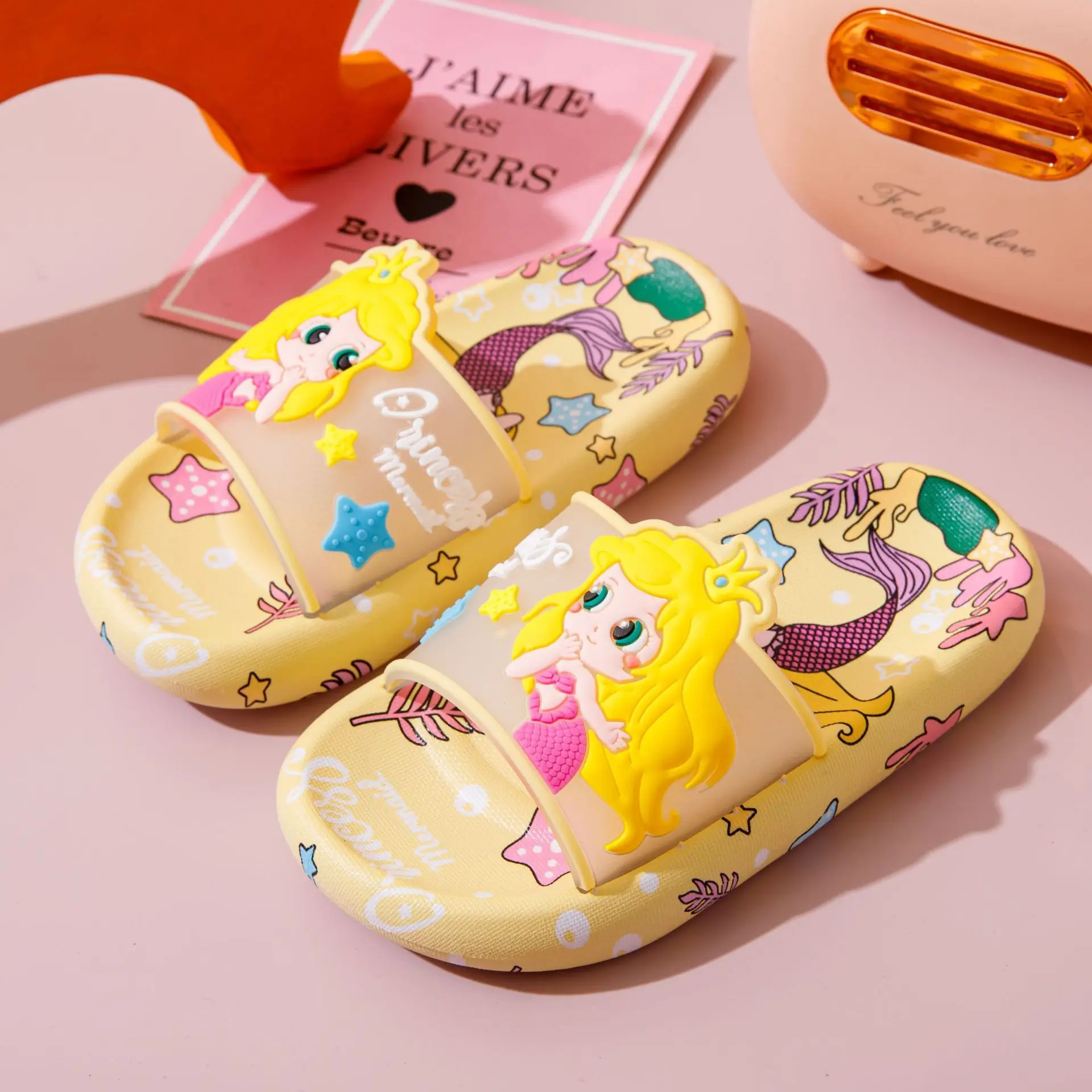 Girls Mermaid Slippers Soft Bottom Non-slip Home Indoor Sandals Slippers Middle and Big Children Cute Princess Bathroom Slippers
