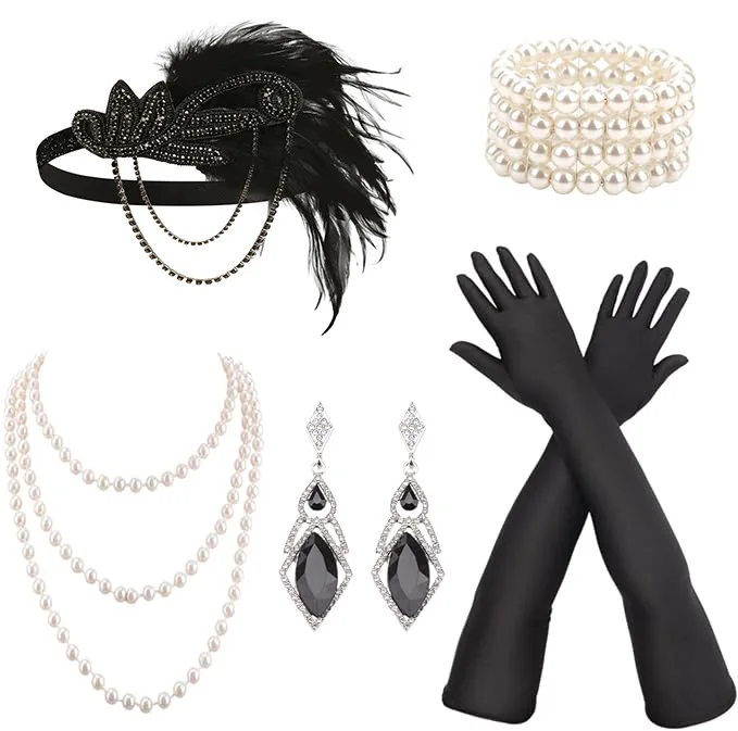 Women 1920s Flapper Accessories Set Feather Rhinestone Headband Multi Strand Pearl Necklace Bracelet Drop Earrings Long Gloves