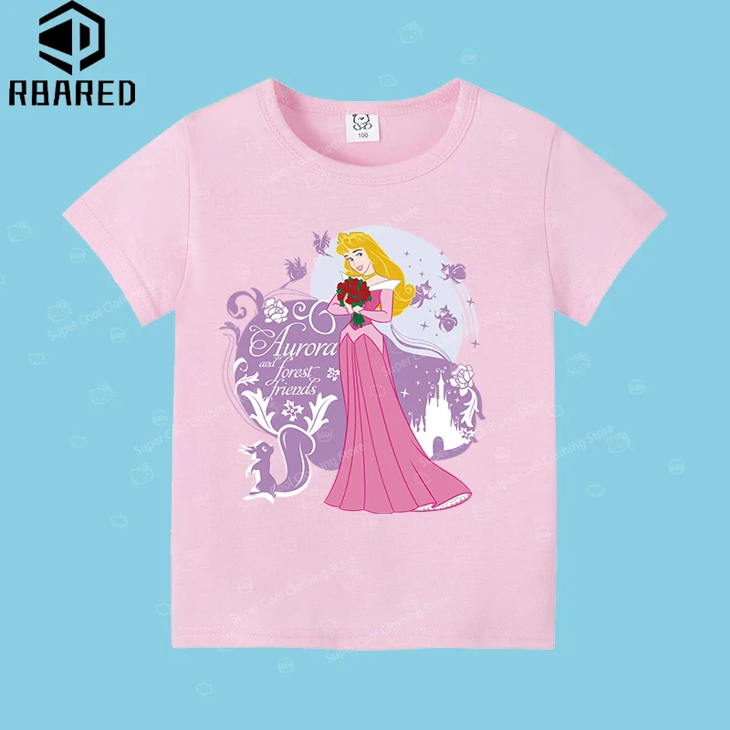 T-shirt per nuove ragazze estive 2024 Disney Rapunzel adatta per abbigliamento per bambini comodo abbigliamento per bambini in puro cotone al 100%