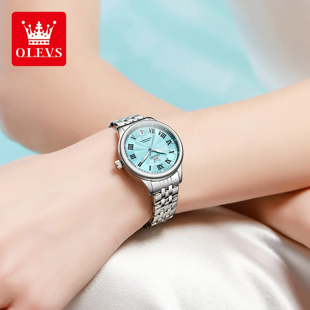 OLEVS Womens Wrist watch Pink Dial Watches Stainless Stee Watch Bands Quartz Watch For Woman Waterproof Date Roman Numeral 5606