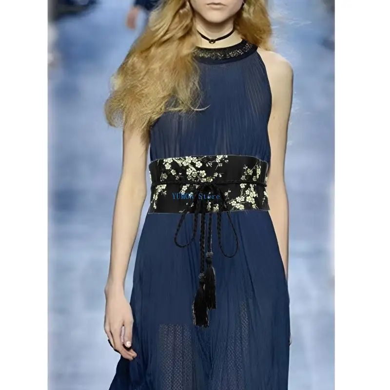 D0UD Embroidered Ancient Waistband for Women Elegant Chinese Belt with Tassels Accessory for Ancient Clothing