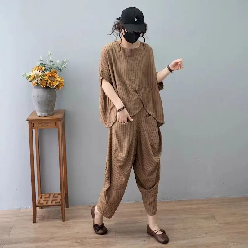 Fashion Retro Loose T Shirt Sets Women Summer 2024 New Casual Irregular Suits Bat Short Sleeve T-shirt And Pants Two Piece Suit