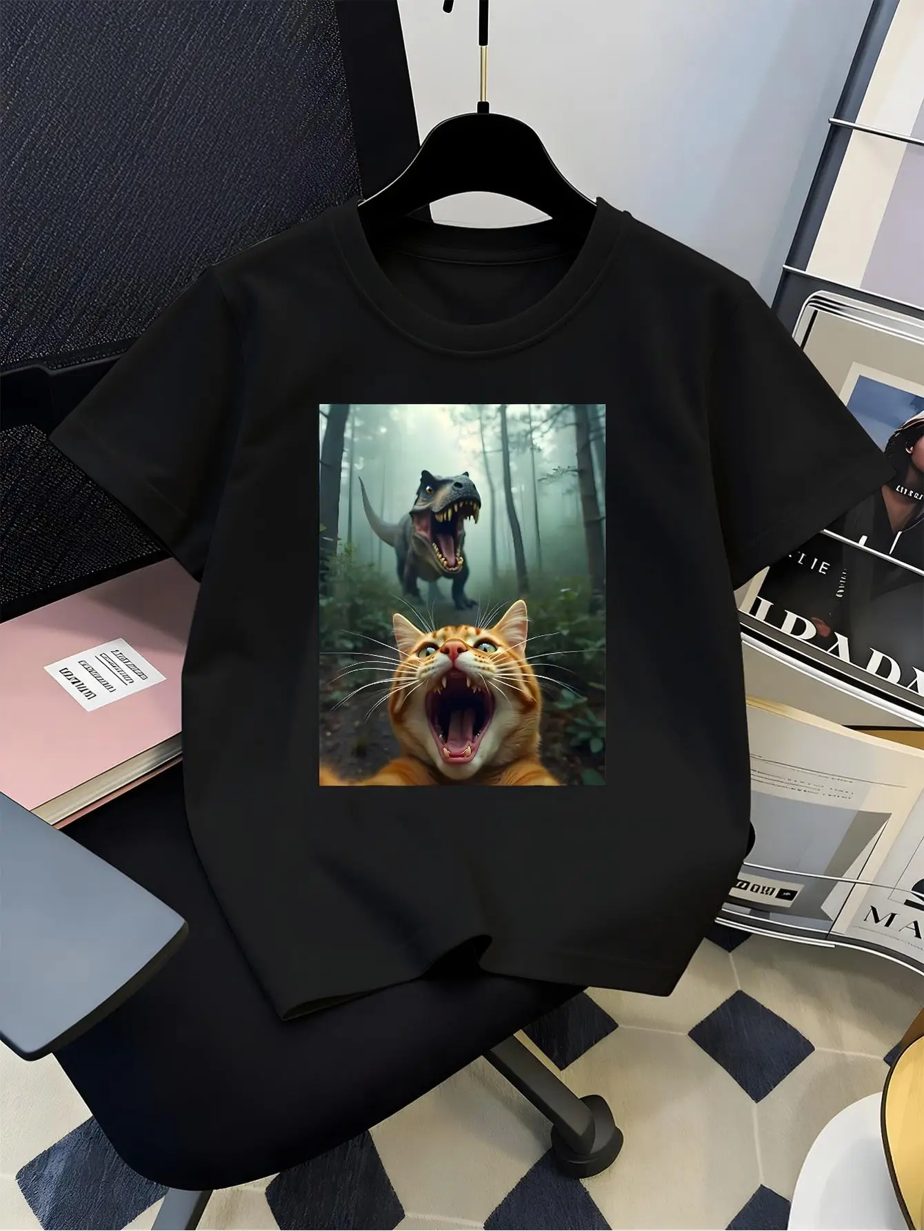 Scared Cat Dinosaur Selfie Family Matching T Shirt Boys Girls Casual Short Sleeve Tees Parent Kid Same Soft Summer Daily Tops