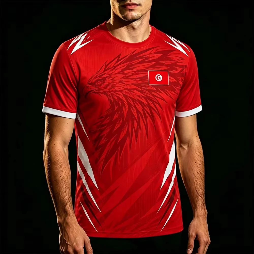 Men's And Women's Quick Dry Breathable O-neck Short-sleeved Tunisia Flag Print Jersey Men Outdoor Sports Soccer Training Uniform
