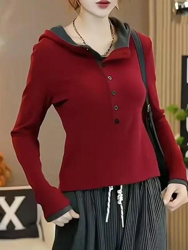 

Slim Fit Long Sve двусторонняя бархатная футболка с капюшоном и пуговицами, женская осенне-зимняя новая футболка для похудения Sle Faion