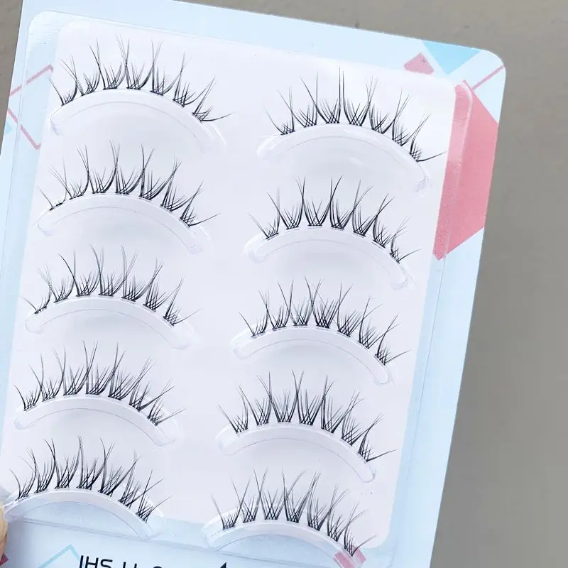 5 Pairs Natural Manga False Lashes Fishtail Strip Lashes Soft Comfortable Thin Transparent Stem Little Devil  Korean Makeup