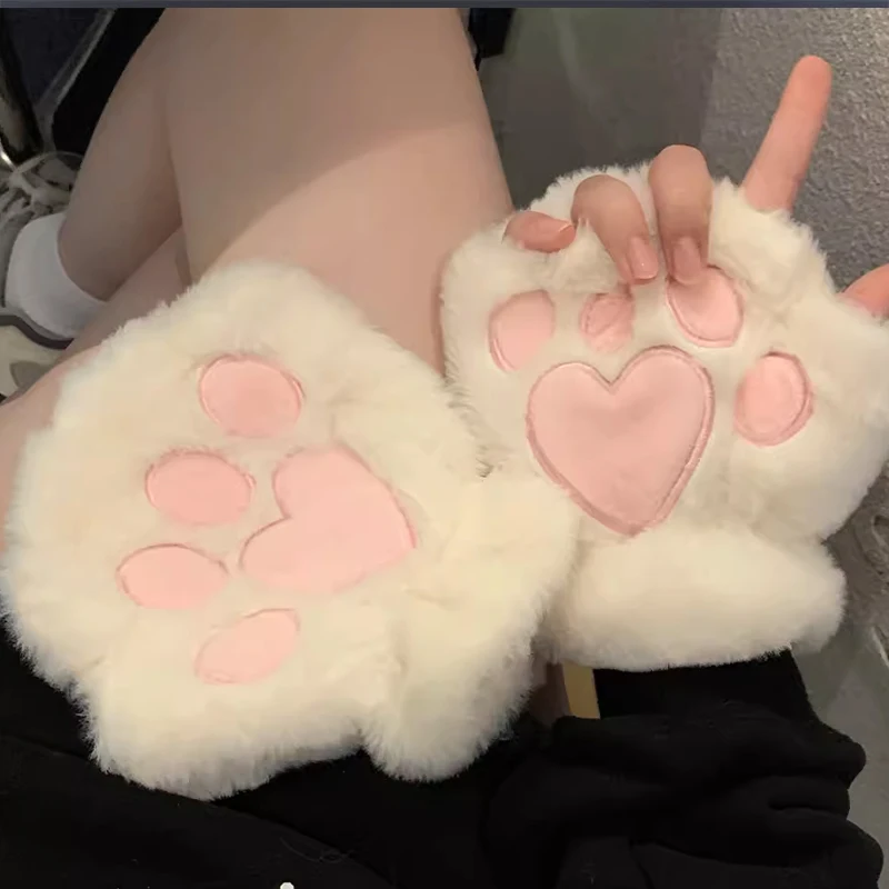 Women Cartoon Fingerless Cat Paw Gloves Winter Warm Halloween Bear Costume Claw Animal Cosplay Party Typing Hand Gift Gloves