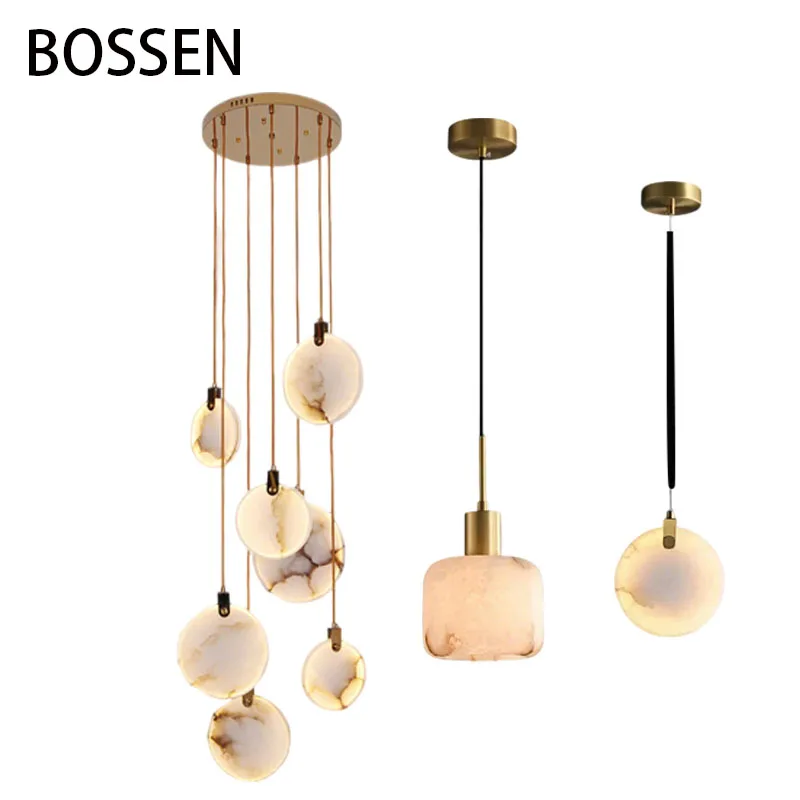 

BOSSEN Luxury Adjustable Marble Chandelier Pendant Lamp Luster for Villa Hotel Custom Copper Brass Staircase Ceiling Light