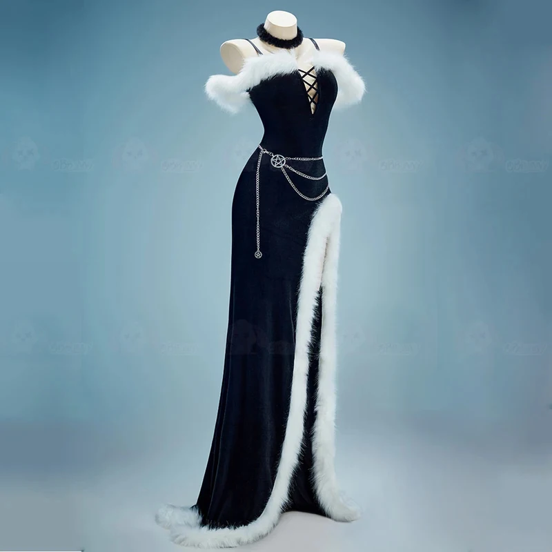 

Christmas Cosplay Costume Women Sexy Plush Sling Black Gloves Hat Outfit Dark Witch Dress Halloween Carnival Party Clothes