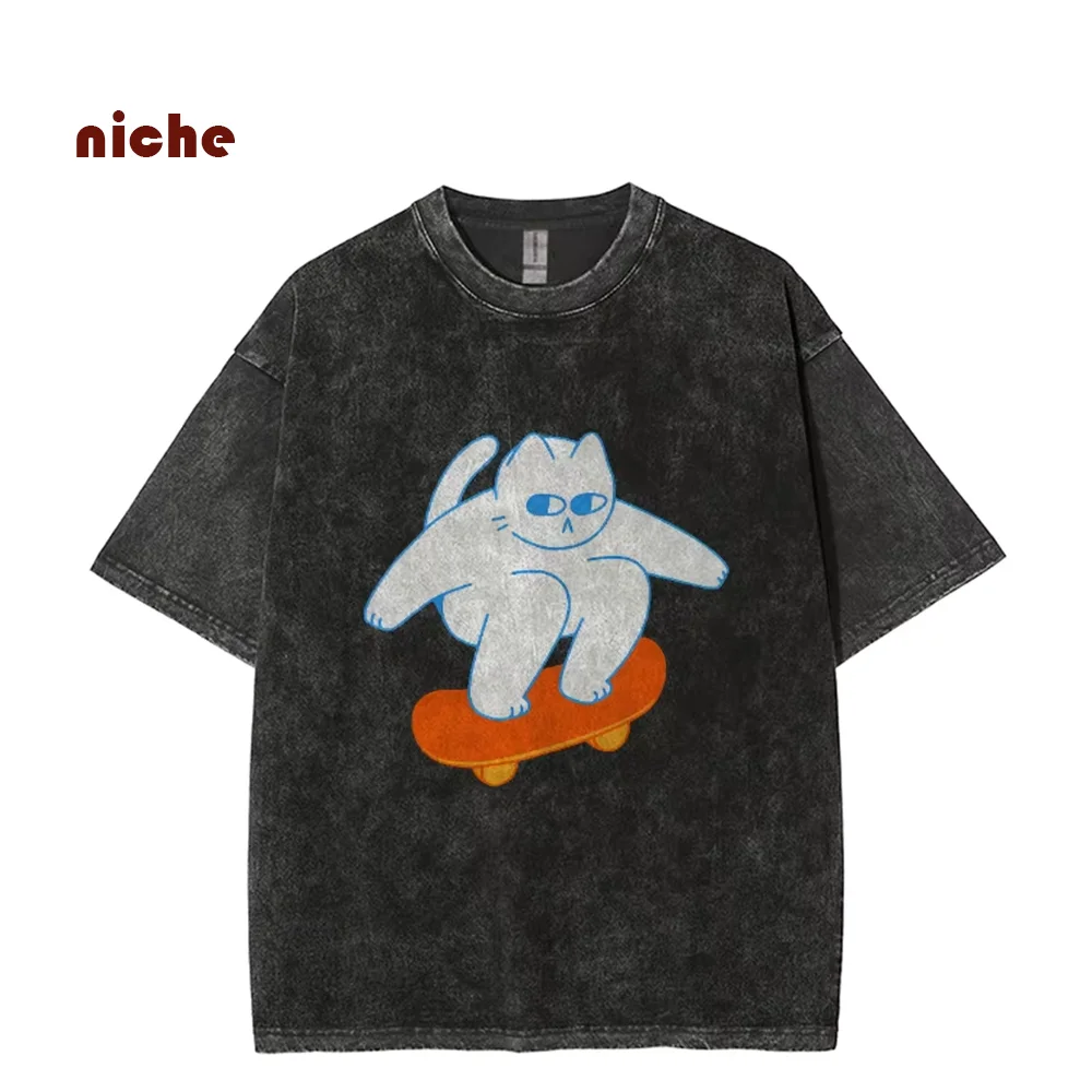 

Abstract Cotton Top T-Shirt Squint Line Skateboard Kitten Print High Quality Round Neck Shoulder Wash Old New Short Sleeves