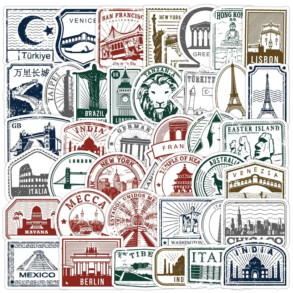 10/50PCS Vintage Landmark Travel แสตมป์สติกเกอร์สมุดภาพโทรศัพท์กระเป๋าเดินทางแล็ปท็อปกีตาร์ DIY สติกเกอร์กันน้ํา Decals ของเล่นเด็ก