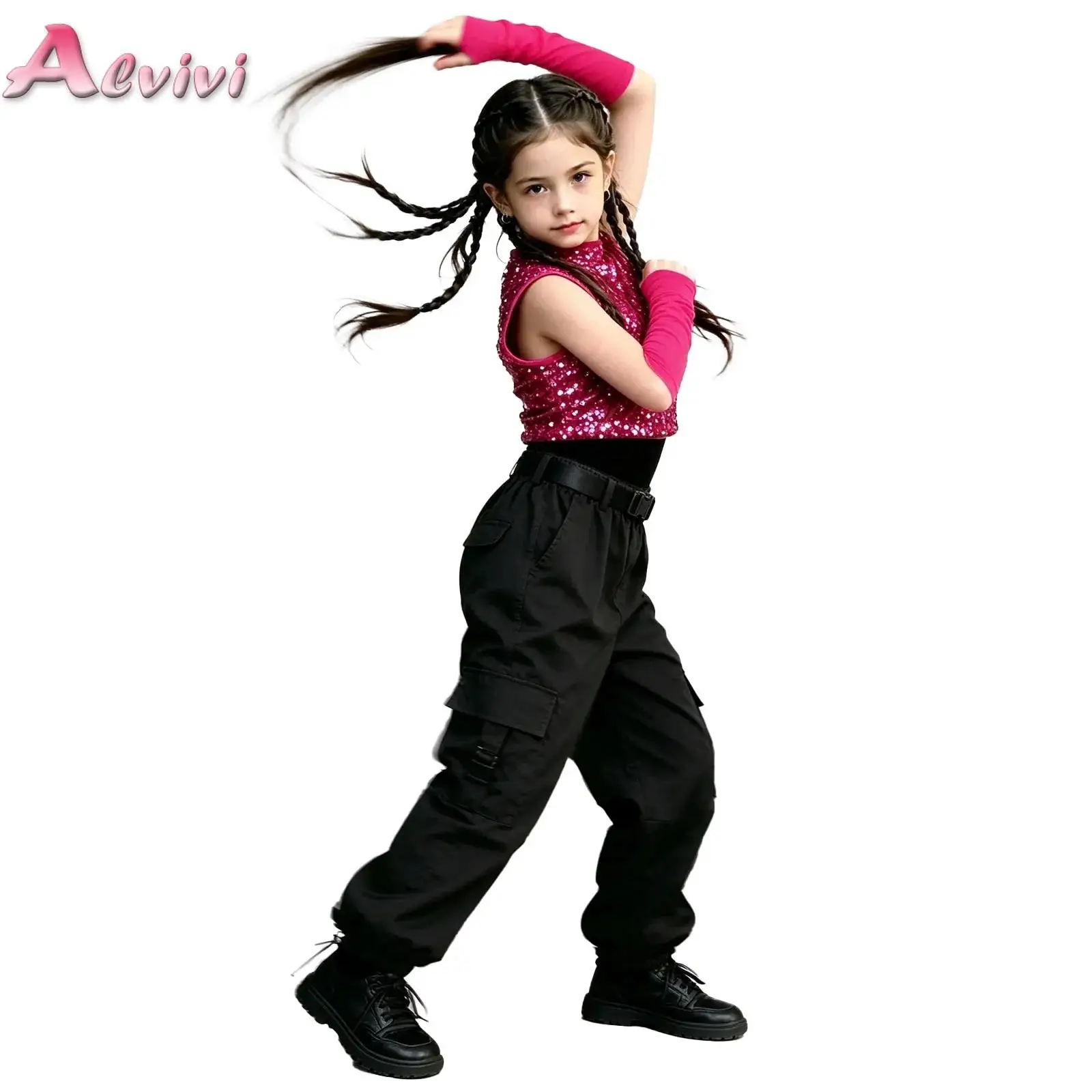 Kids Girls Fashion Tracksuit 2-in-1 Sequin Top Bodysuit with Cargo Pants Elastic Buckle Belt Gloves Hip Hop Jazz Dance Outfits