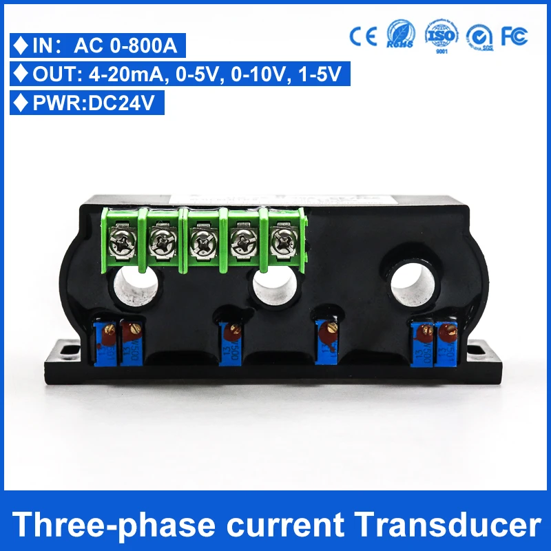 0-500A input three-phase AC current transmitter sensor 4-20mA 0-10V out put