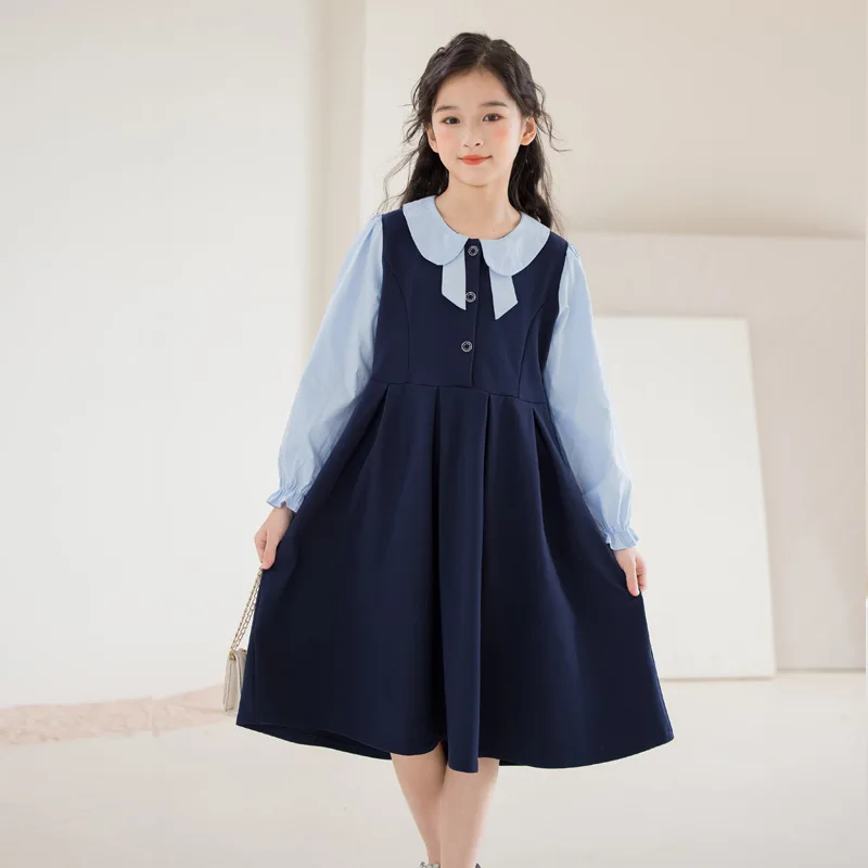 Kids Autumn Clothes College Style Patchwork Fake Two Piece Long Sleeve Princess Dress for Girls Casuan Teen School Child Clothes