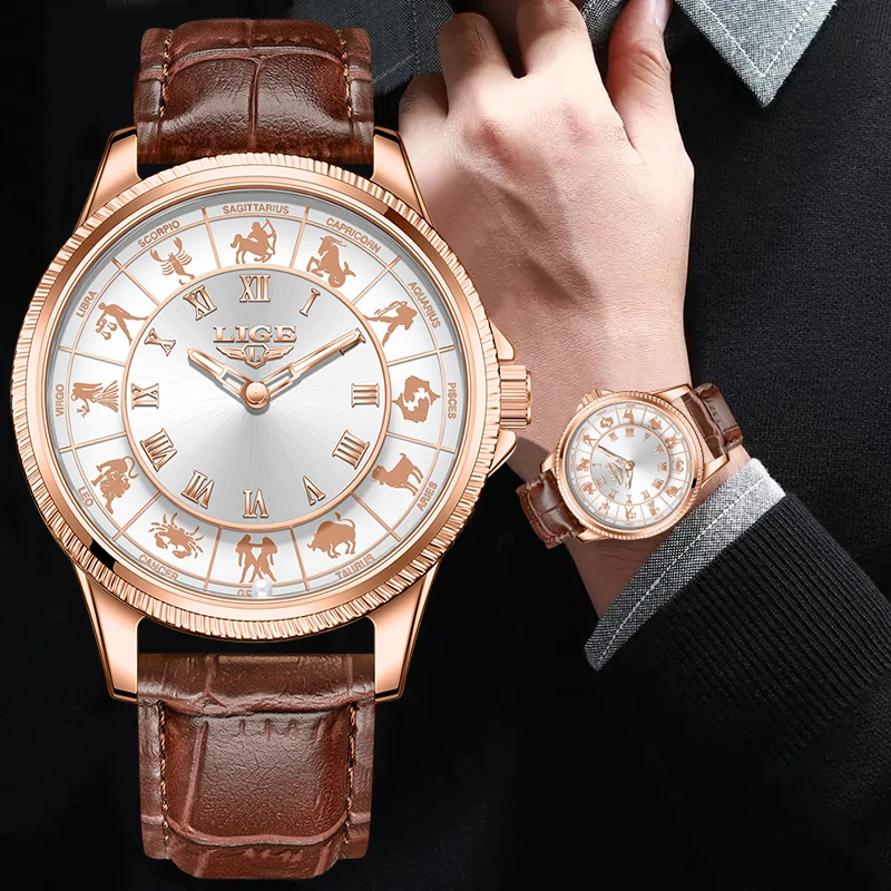 LIGE Luxury Fashion Quartz Watch High Quality Outdoor Casual Leather Twelve Constellations Waterproof Men's Watches Reloj Hombre