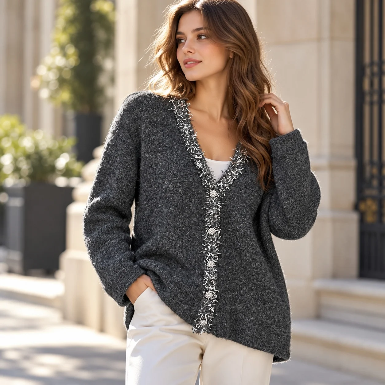V Neck Loose Fit Coat Private Celebrity Style with Wrinkle Finish Open Front Long Sleeve Single Button Cardigan for Women