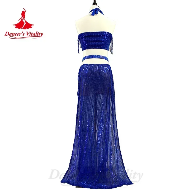 BellyDance Costume Suit Women\'s Customization Sleeveless Fringe Top+sequin Split Long Skirt Oriental Dance Performance Costumes