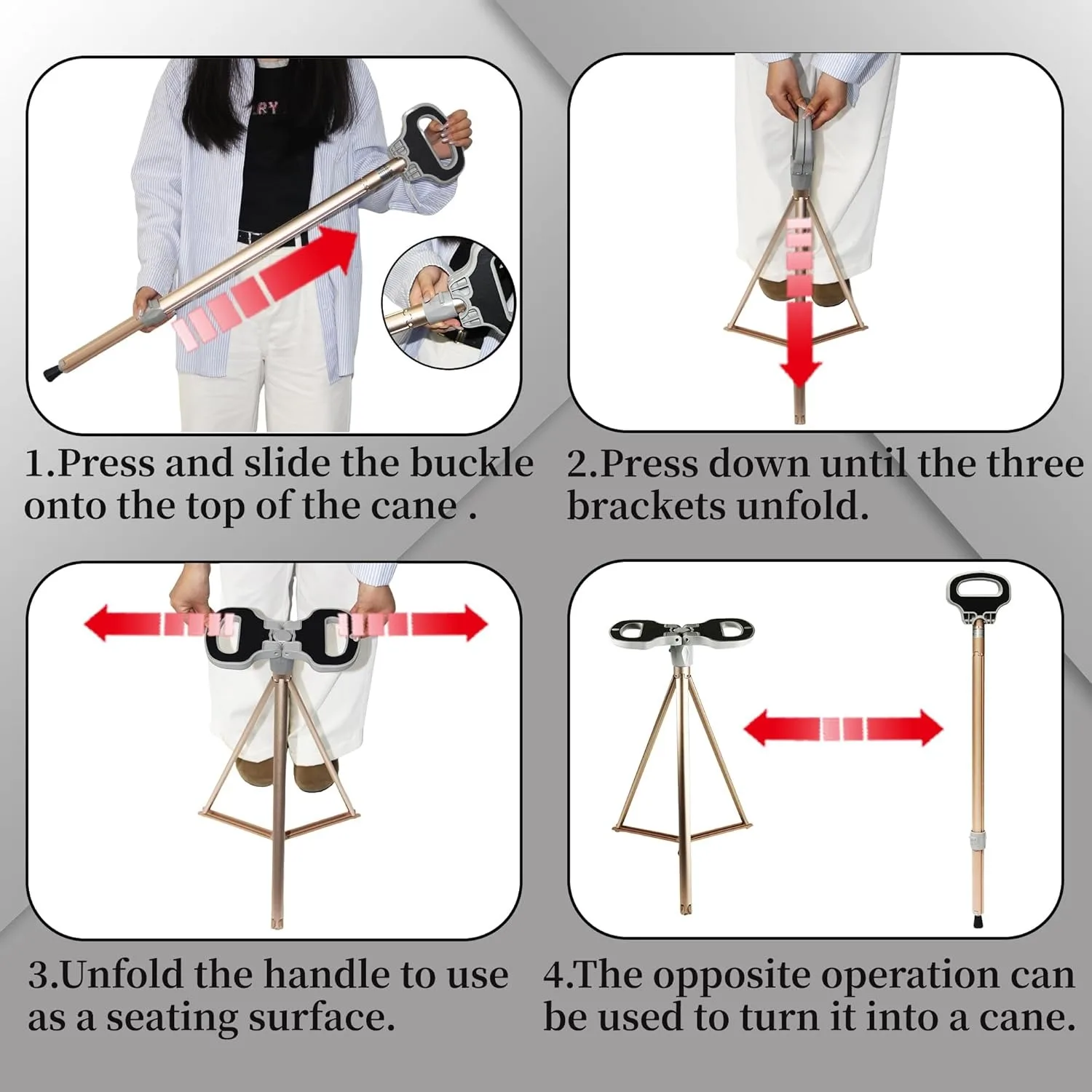 Folding Stool Cane for Seniors Outdoor Converts Walking Stick to Seat 150kg Aluminum Alloy Lightweight Portable Park Queue Trave
