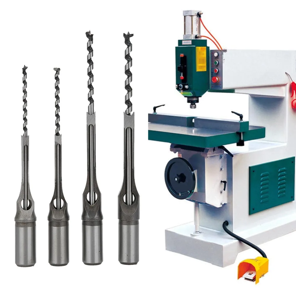 4pcs Bearing Steel Material Square Hole Drill Bits 1/4 5/16 3/8 1/2 Inch 6-9.5mm Size Range Mortise Chisel Bits