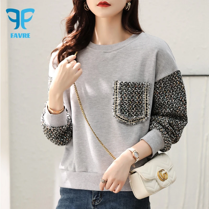 

FAVRE Small Fragrance Style Stitching Sweatshirts OL Women Roundneck Niche Pullovers Y2K Spring Autumn Ins Age-reducing Hoodies