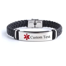 Pulseras de cuero con texto personalizado para hombres y mujeres, brazalete de acero inoxidable con grabado de nombre y logotipo, medicina SOS