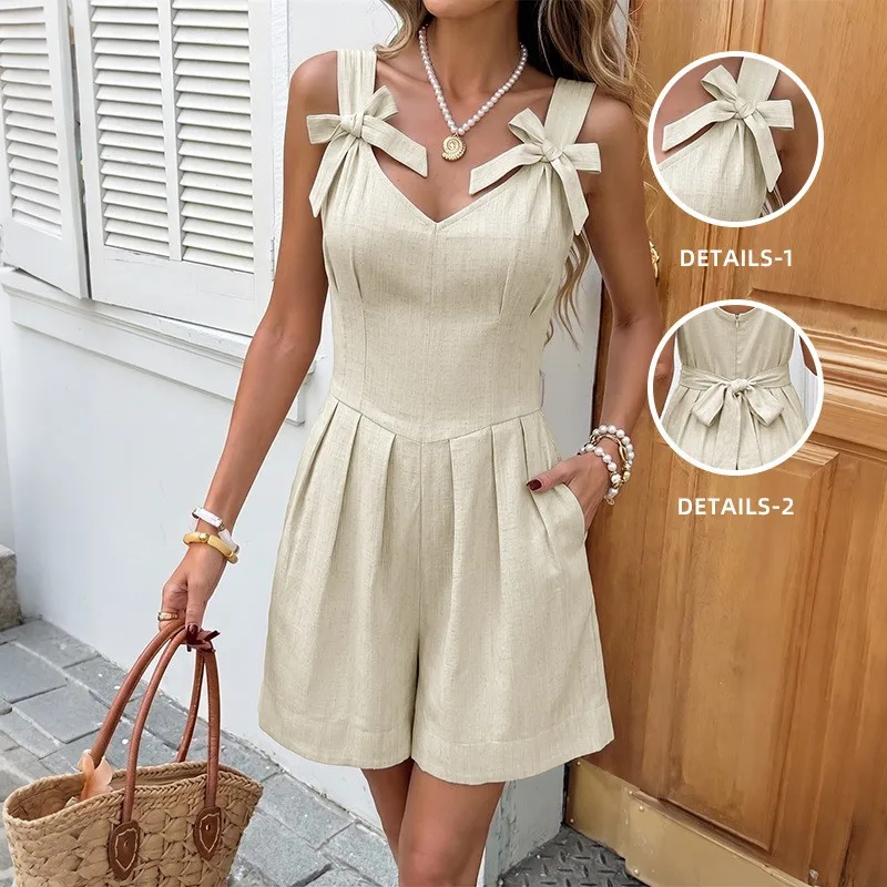 

Summer Clothes Jumpsuit Women's Solid Color Capri Romper Sleeveless V Neck Bow Tie Straps Short Jumpsuit High Waist Wide Leg