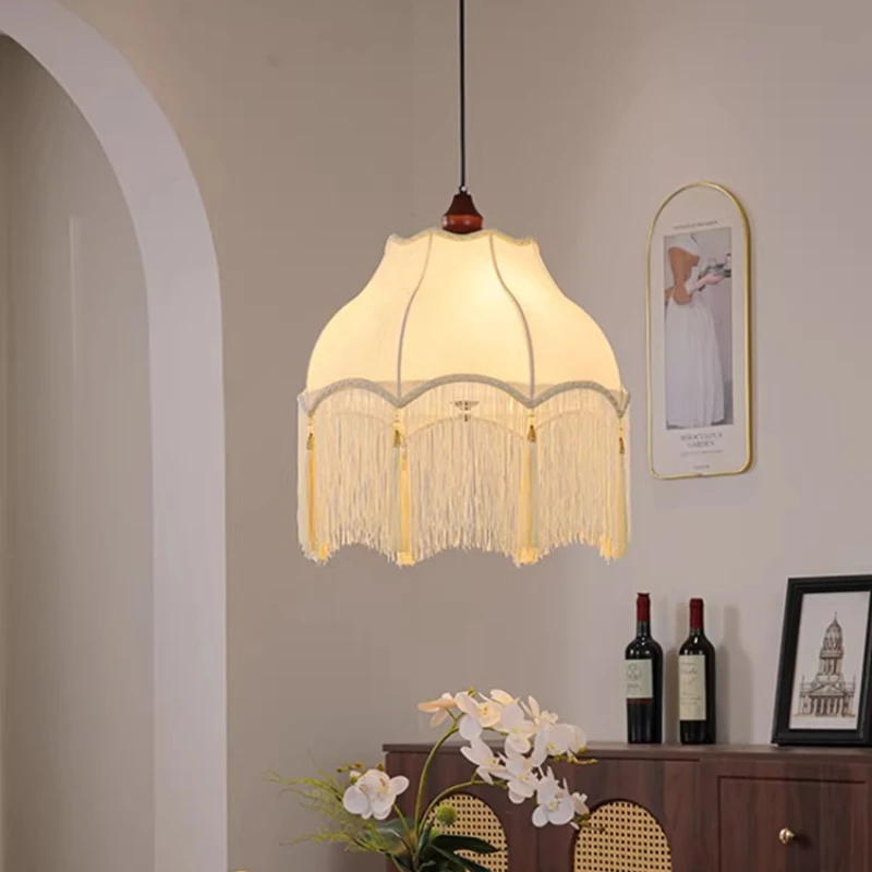 

French Retro Tassel Dining Room Pendant Light Fabric Art Hanging Lamp for Entrance Bedroom Restaurant Living Room Homestay Study