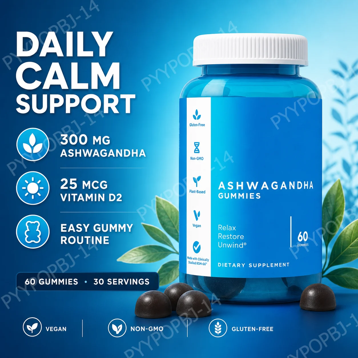 3-Pack Gummies Set: Ashwagandha for Stress Relief, Gut Health Probiotics + ACV Detox  Vegan Gluten-Free Supplement 60 Ct Each