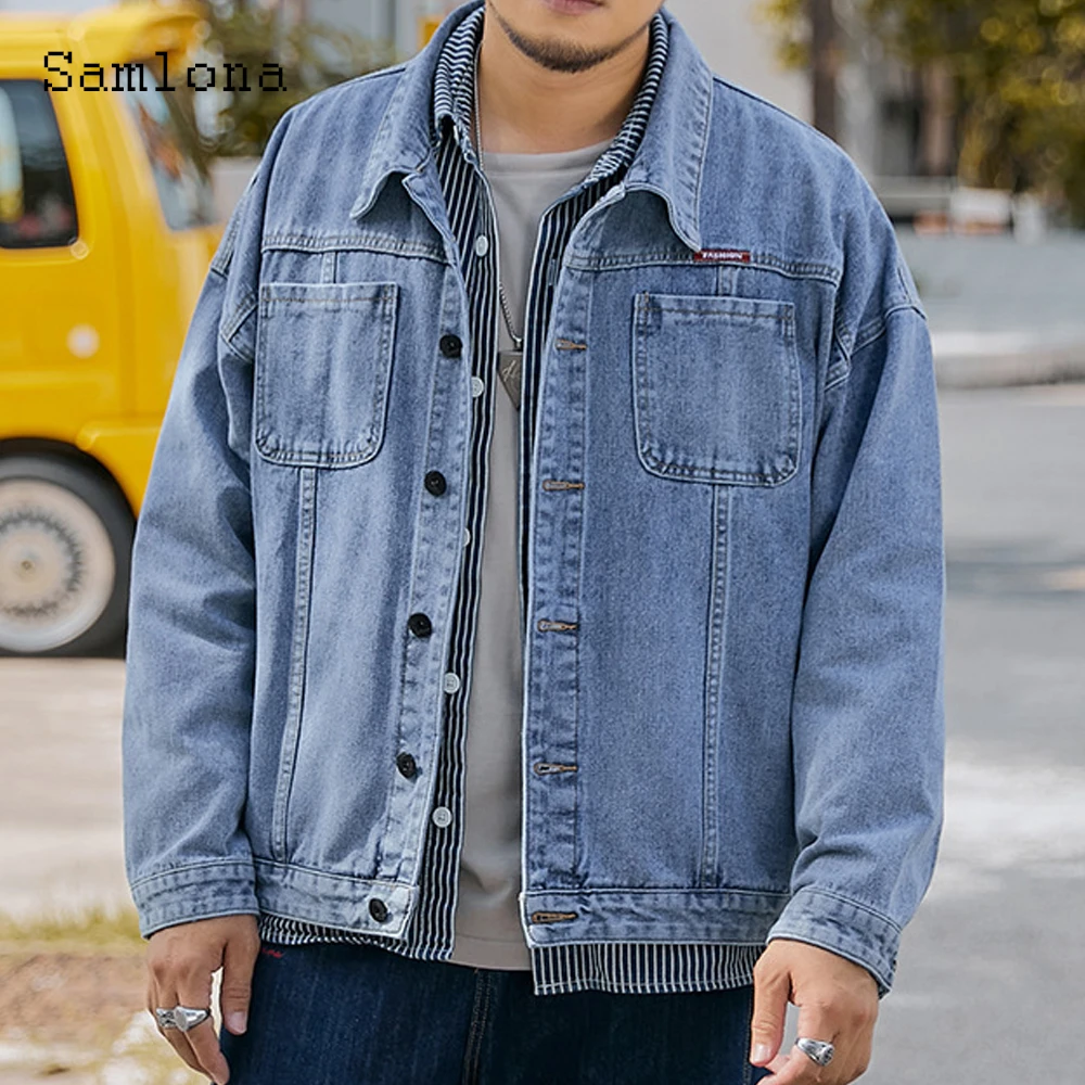 2025 Men's Stand Pocket Casual Vintage Basic Demin Jackets Dark Blue Notched Jean Top Outerwear Demin Clothing Plus Size S-8XL
