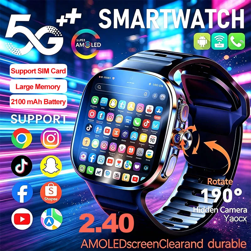 New 4G/5G Smart Watch Men Women SIM for Standalone Calls 190° Rotating Camera NFC Health Monitoring Smart Watch for Android IOS