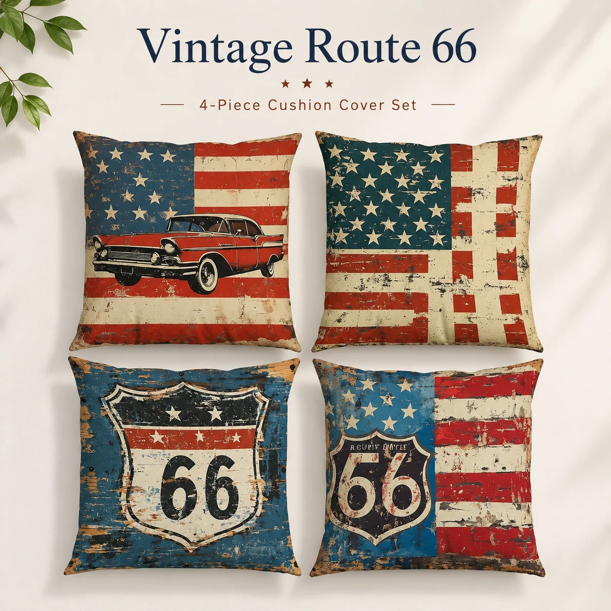 4 Pcs 2D Flat Printed Route 66 Cushion Covers Vintage American Flag Peach Skin Throw Pillowcase Set Room Decor Sofa Coussin