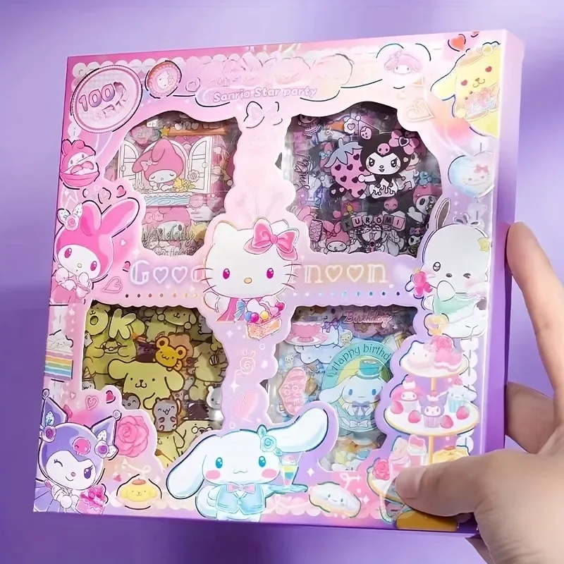 Hello Kitty Sanrio Non-Repeating 100-Piece Sticker Set Cinnamoroll Kuromi Waterproof Stationery Sticker Gift Box Birthday Gift