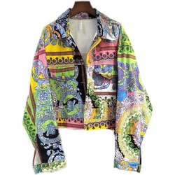 2024 Spring and Autumn New Female Korean Version Of Long-sleeved Printed Short Denim Coat Women Retro Graffiti Color Jacket Tide