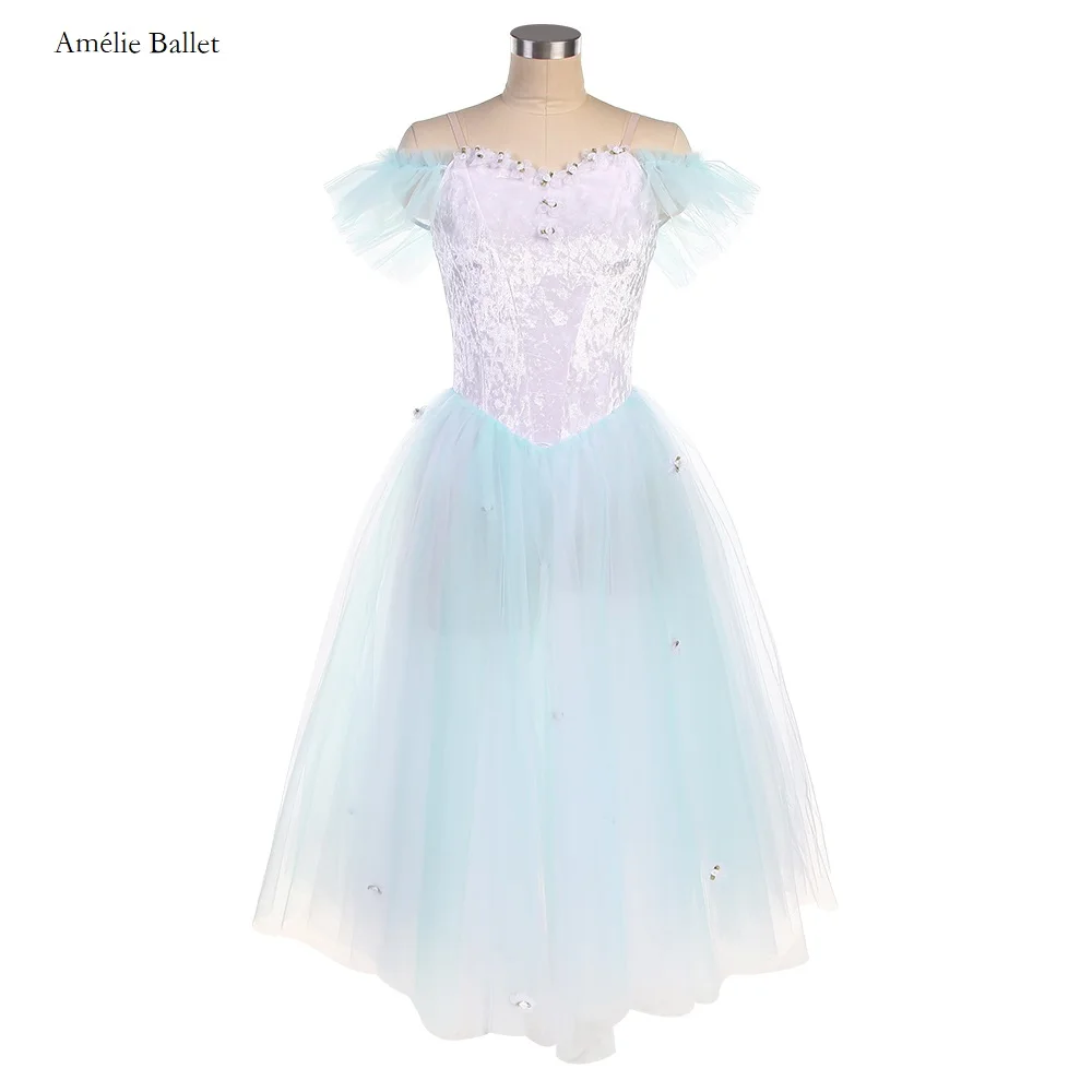 オフショルダーピンクベルベットボディスロマンチックチュチュフラワー装飾付きガールズ＆ウィメンズダンスコスチュームダンスドレス15色