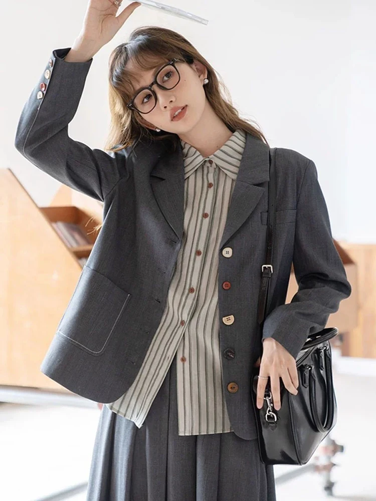 

Women Vintage Blazer Fall Solid Office Lady Elegant Simple Long Sleeve Suit Coats Korean Loose Casual Button All Match Jacket