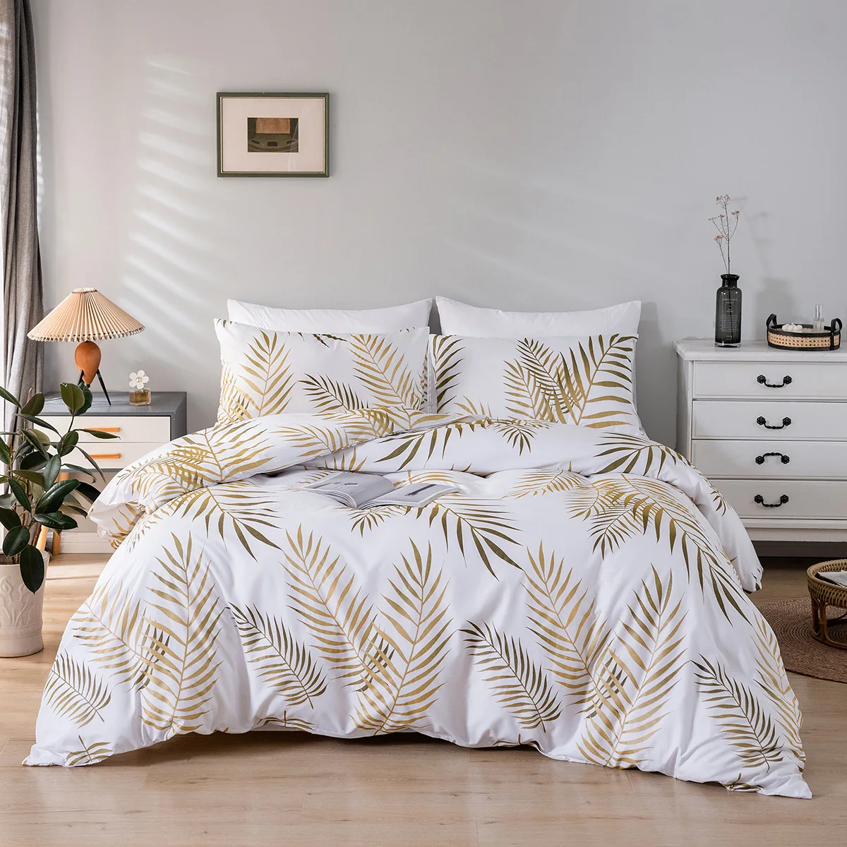 Golden Light Shining Green Leaves Tropical Bed Cover Set King Queen Double Full Twin Single Size Bed Linen Set