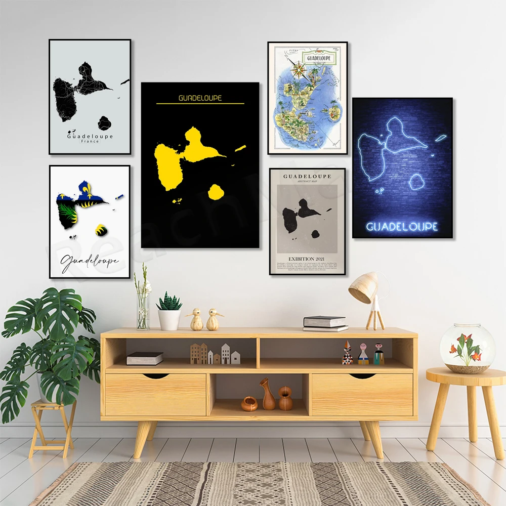 

Fun map of Guadeloupe in the Caribbean Sea, illustration, Guadeloupe map sign, Guadeloupe map vintage abstract wall art poster