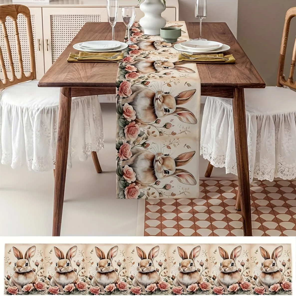 

1pc Easter Bunny Floral Linen Table Runner Washable Spring Kitchen Party Decor