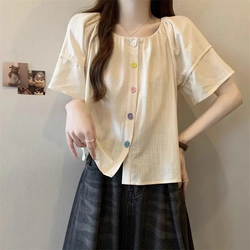 

Sweet Color Single-breasted Blouse Women's Clothing Fashion Folds Summer Elegant Square Collar Casual Short Sleeve Loose Shirt