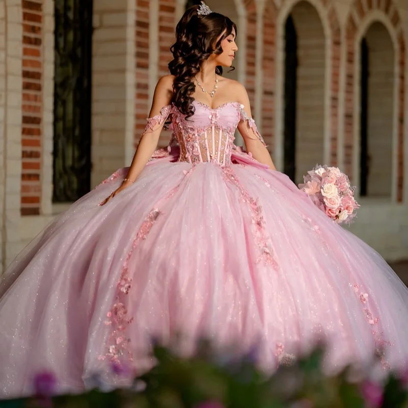 

Shiny Pink Quinceanera Dresses Off the Shoulder Sequins 3D Flower Crystal Decal Long tail Bow Vestidoe 15 Quinceanera Customize